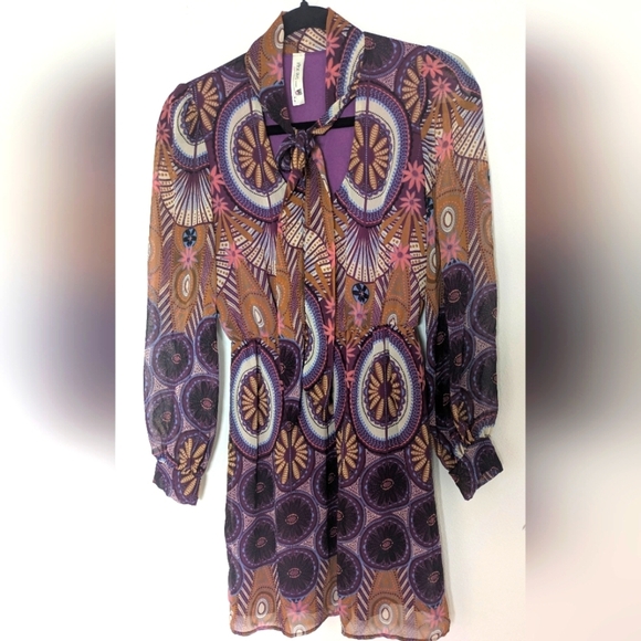 Pink Owl Dresses & Skirts - Pink Owl Boho Retro Sheer Dress Purple Geometric Print Tie Neck Bow Size s